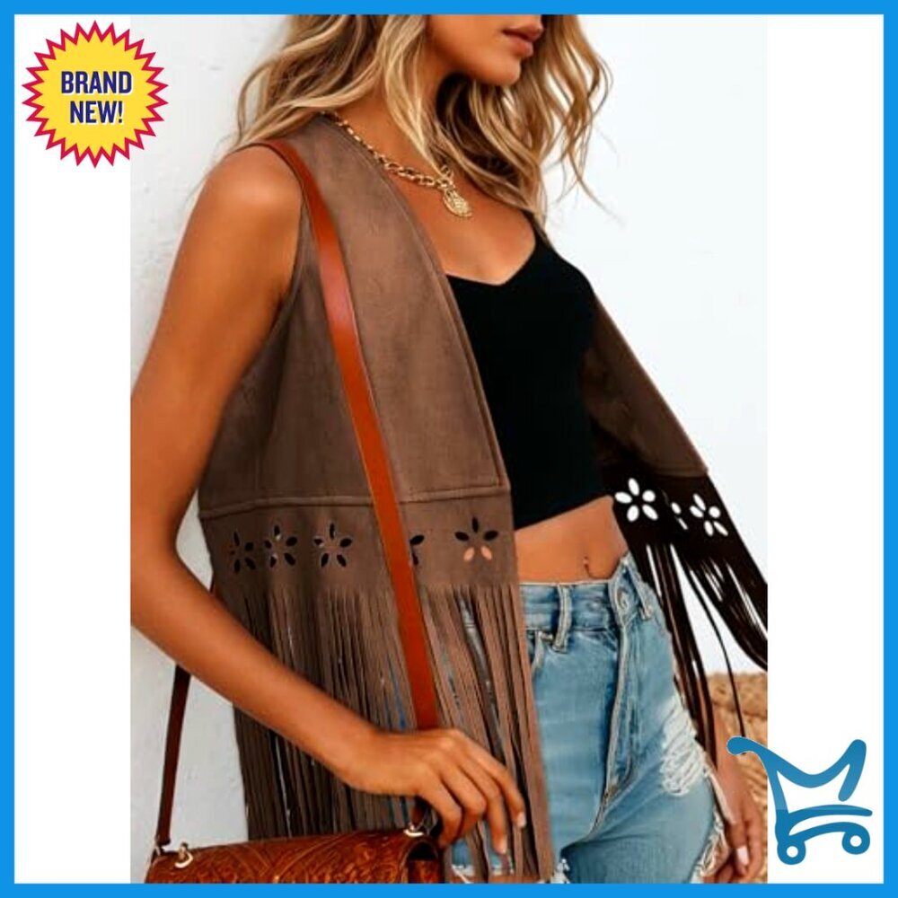 Large Faux Suede Fringe Vest Western Sleeveless Hollow Out Tassel - Picture 3 of 7